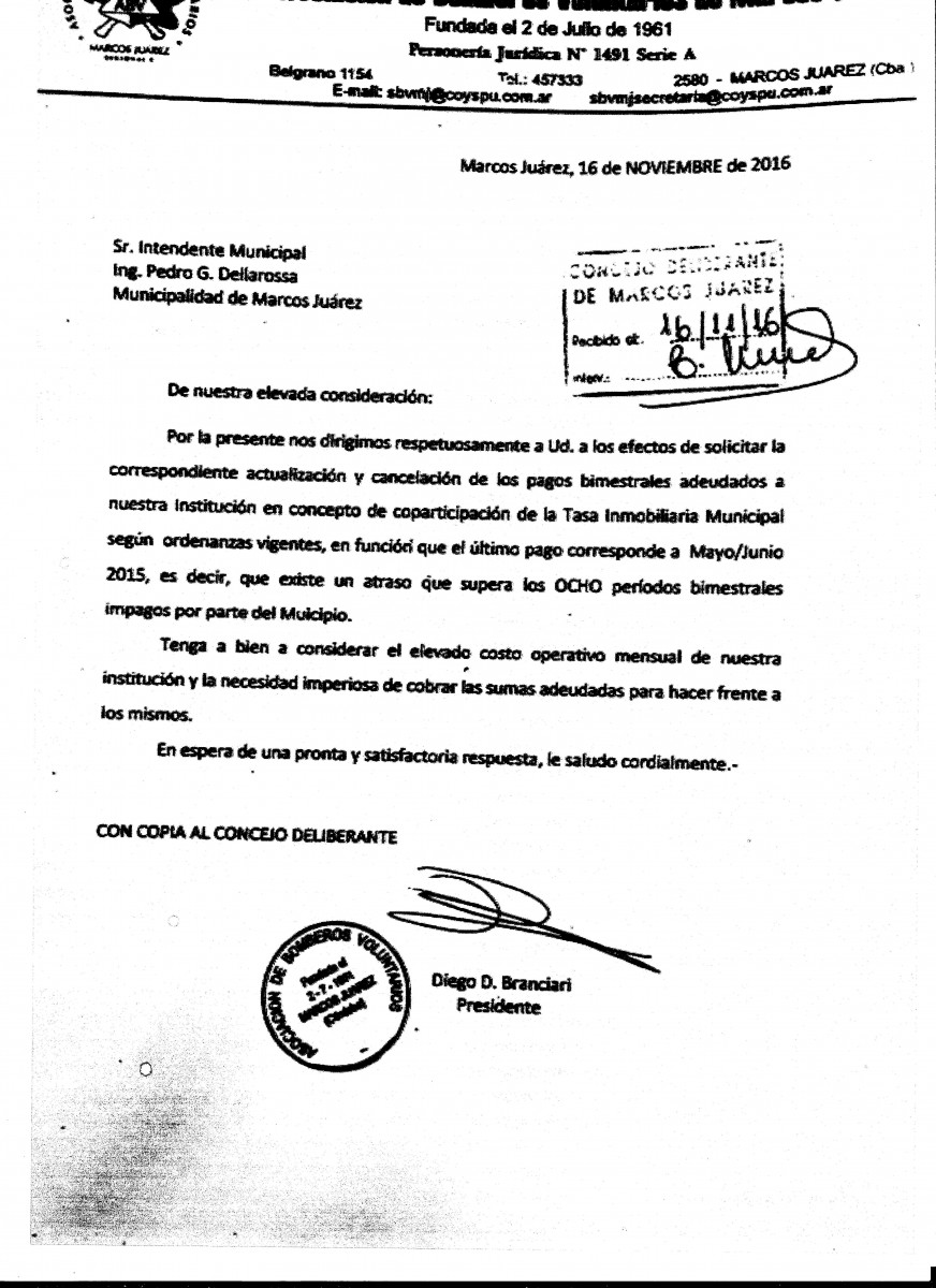 Bomberos Voluntarios solicitó al Municipio el pago de 8 períodos bimestrales atrasados de la Tasa Inmobiliaria Municipal