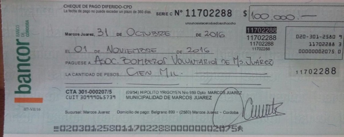 Apareció el cheque para Bomberos