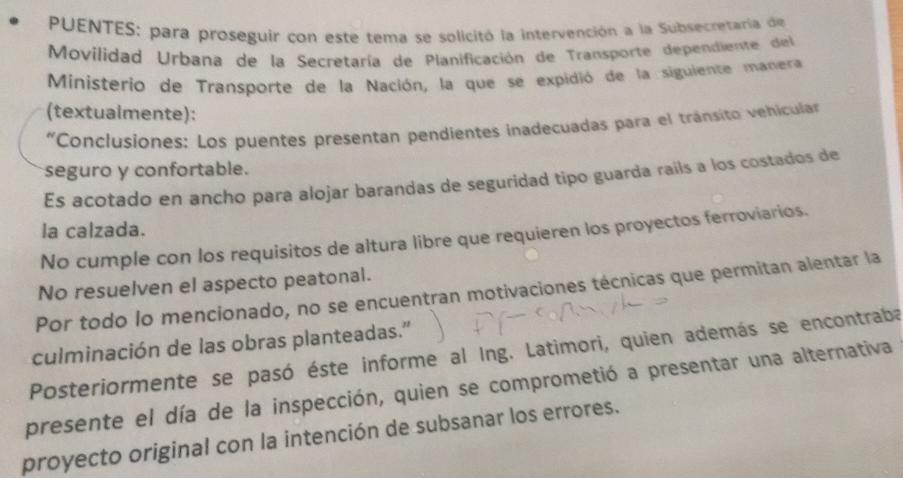 Puentes: Informe presentado por el Ministerio de Transporte de la Nación
