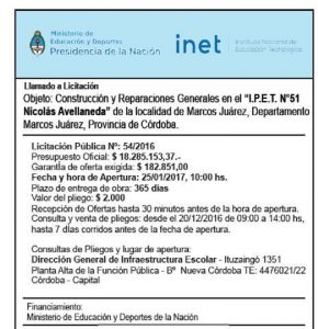Llamado a licitación para obras en el IPEA 209 y el IPET 51 donde la apertura de sobres será el 26 de enero