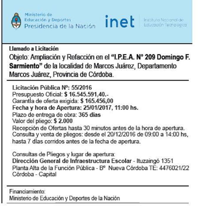 Llamado a licitación para obras en el IPEA 209 y el IPET 51