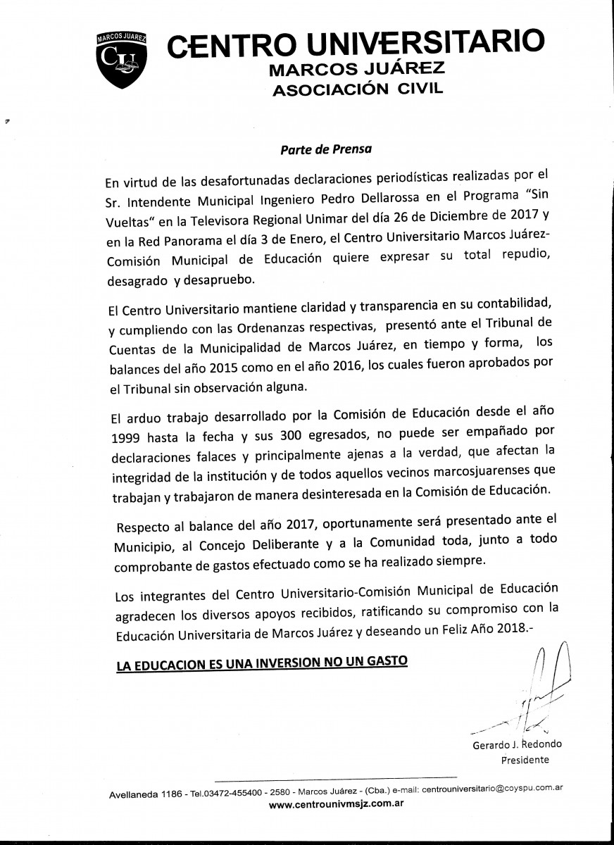 Comunicado del Centro Universitario sobre las declaraciones del intendente Pedro Dellarossa