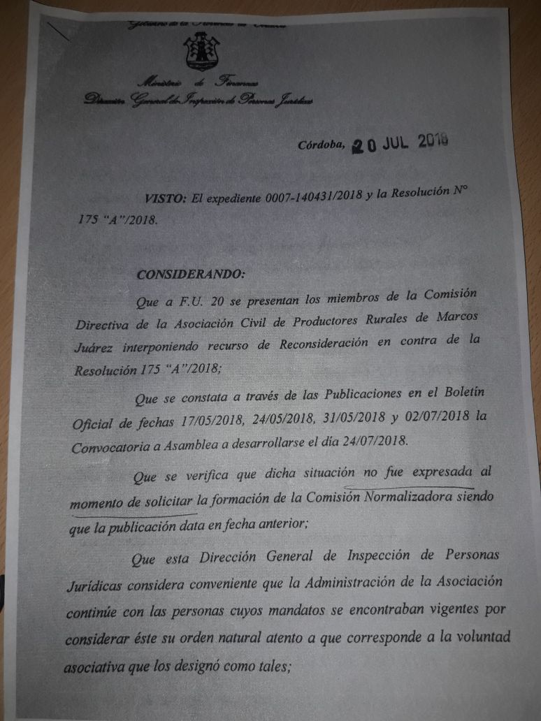 Marcha atrás en decisión sobre La Asociación de Productores Rurales.-