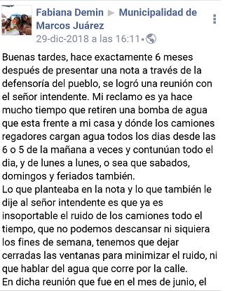 El dia sábado publiqué mi reclamo en la página de la Municipalidad para que llegue al intendente y cumpla con su promesa”