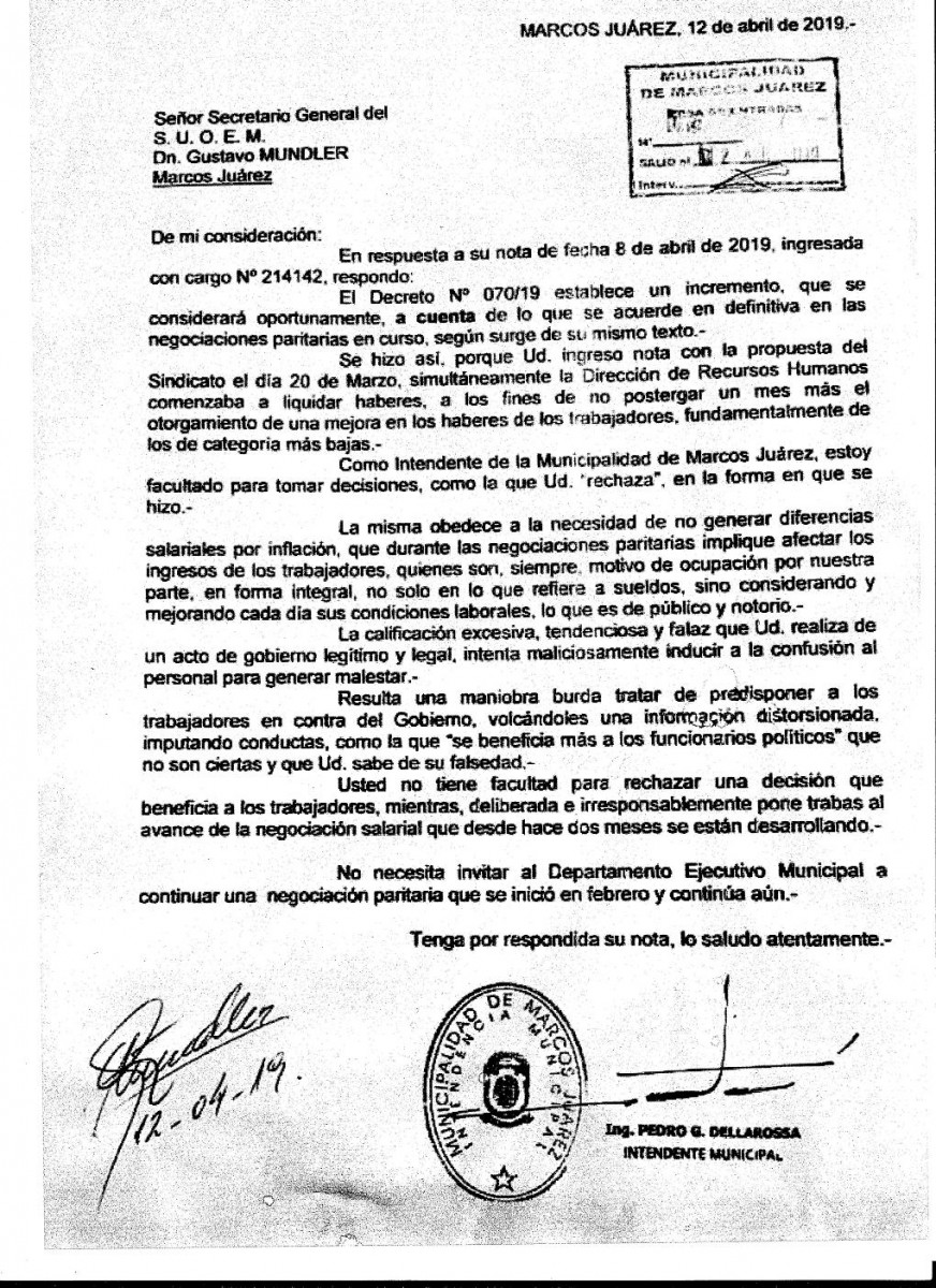 Respuesta del intendente al SUOEM