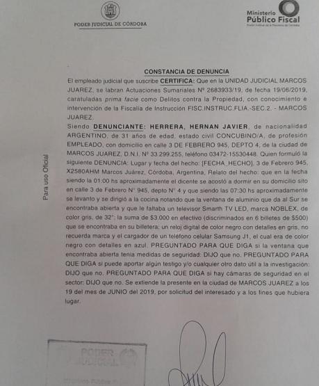 Robo de un televisor led y 3 mil pesos de una vivienda de calle 3 de Febrero 945 mientras su propietario dormía
