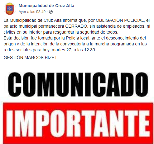Obligación policial y cierre del edificio municipal de Cruz Alta