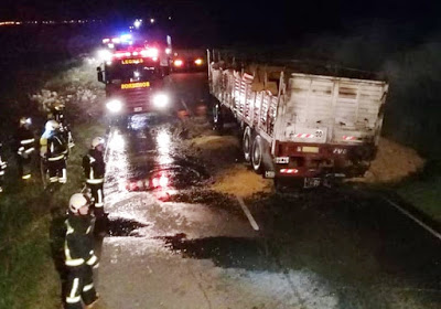 Incendio del acoplado de un camión en ruta E 59