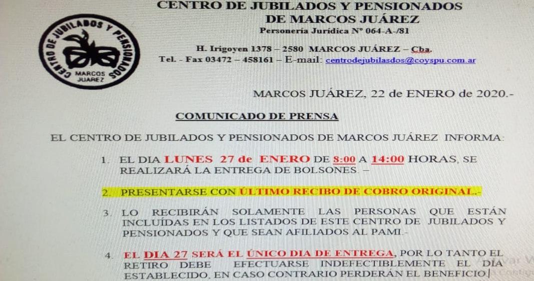 Entrega de bolsones del Centro de Jubilados