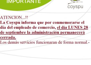 Coyspu cerrado el lunes 28 por el día del empleado de comercio