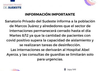 Sector de internaciones del Sudeste cerrado hasta el 8 de Diciembre