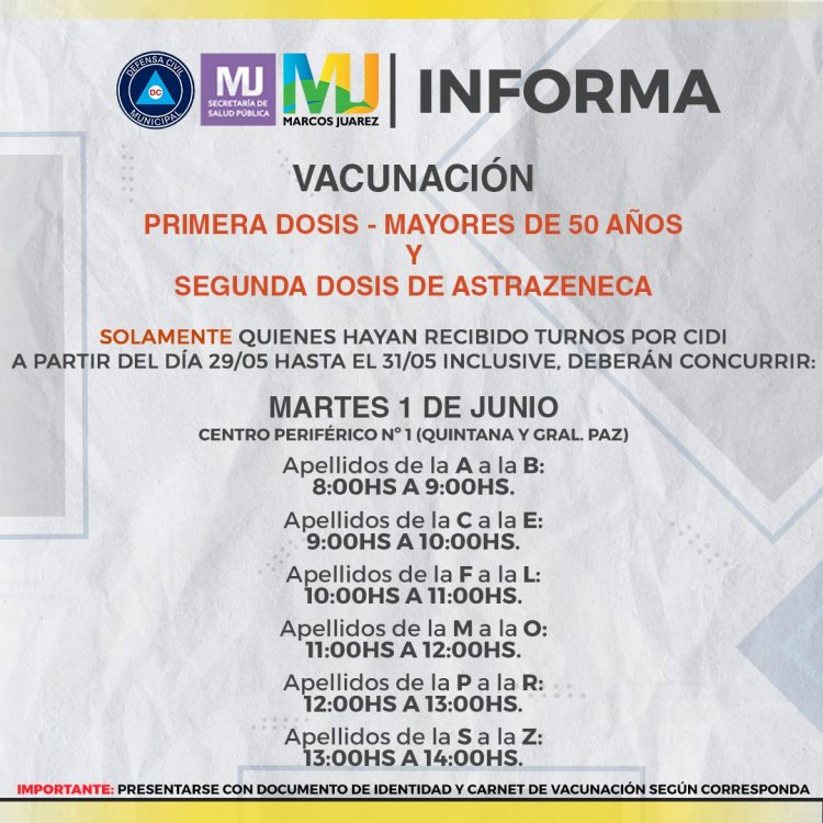 Martes 1 de Junio se vacuna en Marcos Juárez con AstraZeneca