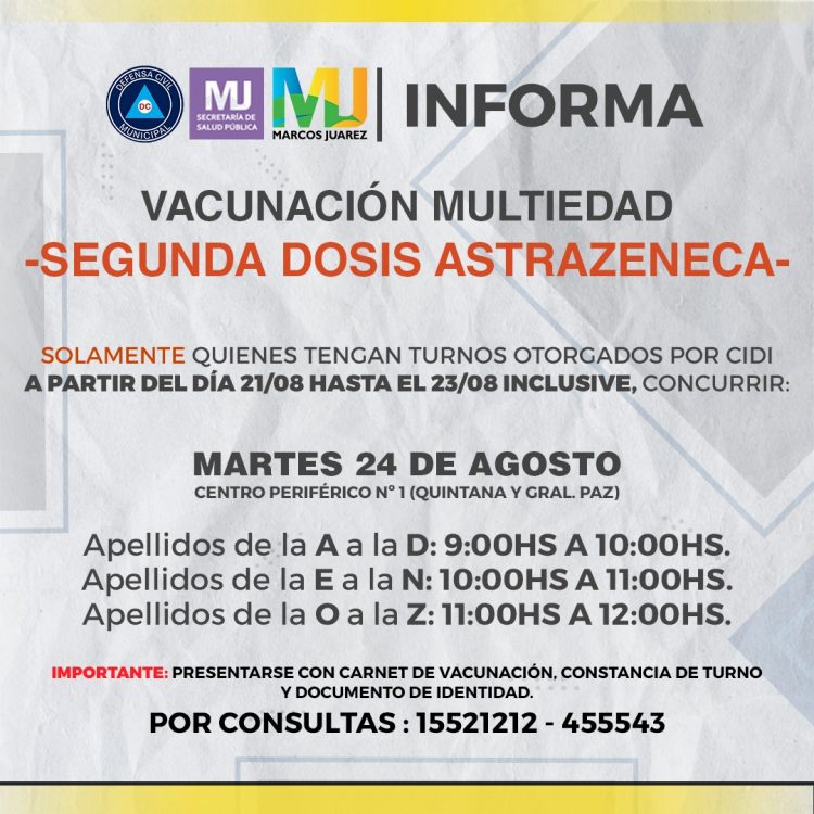 Martes 24 vacunación de segunda dosis de AstraZeneca