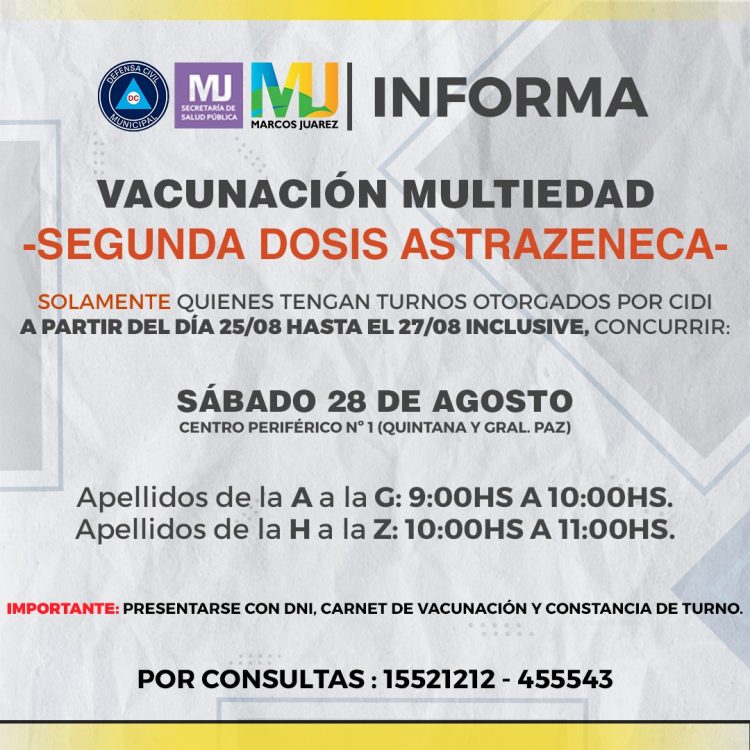 Sábado 28 vacunación de segunda dosis de AstraZeneca