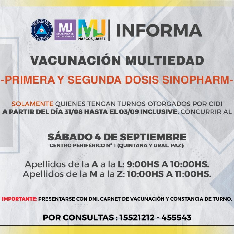 Sábado 4 vacunación primera y segunda dosis de Sinopharm
