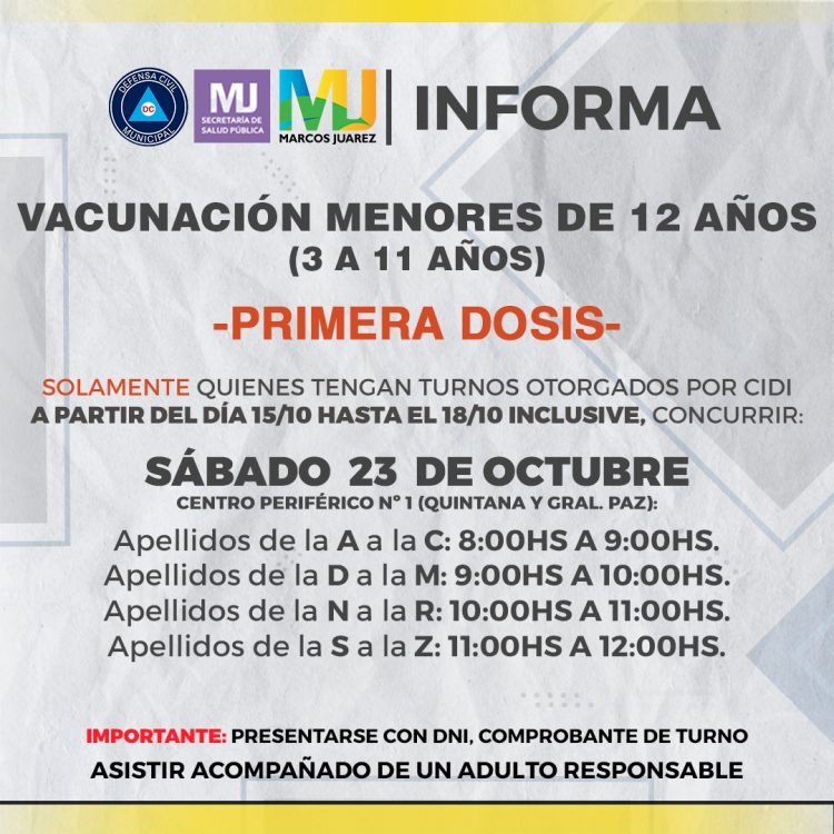 Sábado 23 vacunación primera dosis a menores de 3 a 11 años