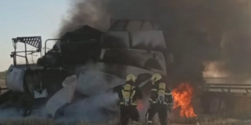 Se incendió una cosechadora en un campo al norte de Leones