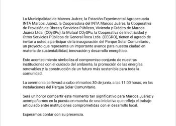 Se inaugurará el Parque Solar Comunitario de Marcos Juárez