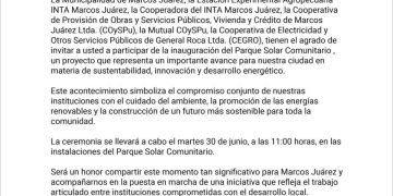 Se inaugurará el Parque Solar Comunitario de Marcos Juárez