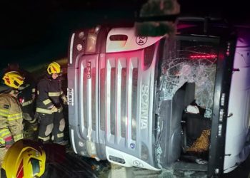 Accidente en Autopista: un camión sufrió un vuelco en solitario